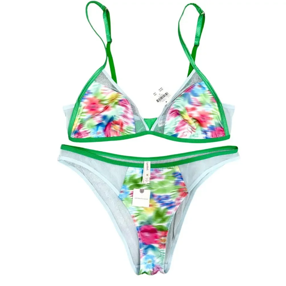 Anthropologie LyreBird Lingerie Set M NWT Green Patt Watercolor Mesh Bra Panty